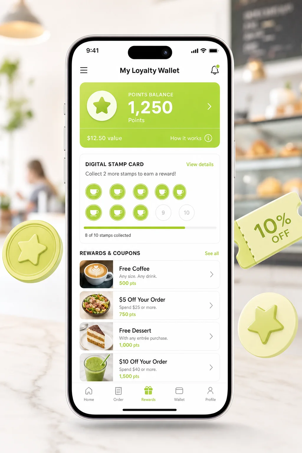 Mobile loyalty wallet with points, stamp card and rewards