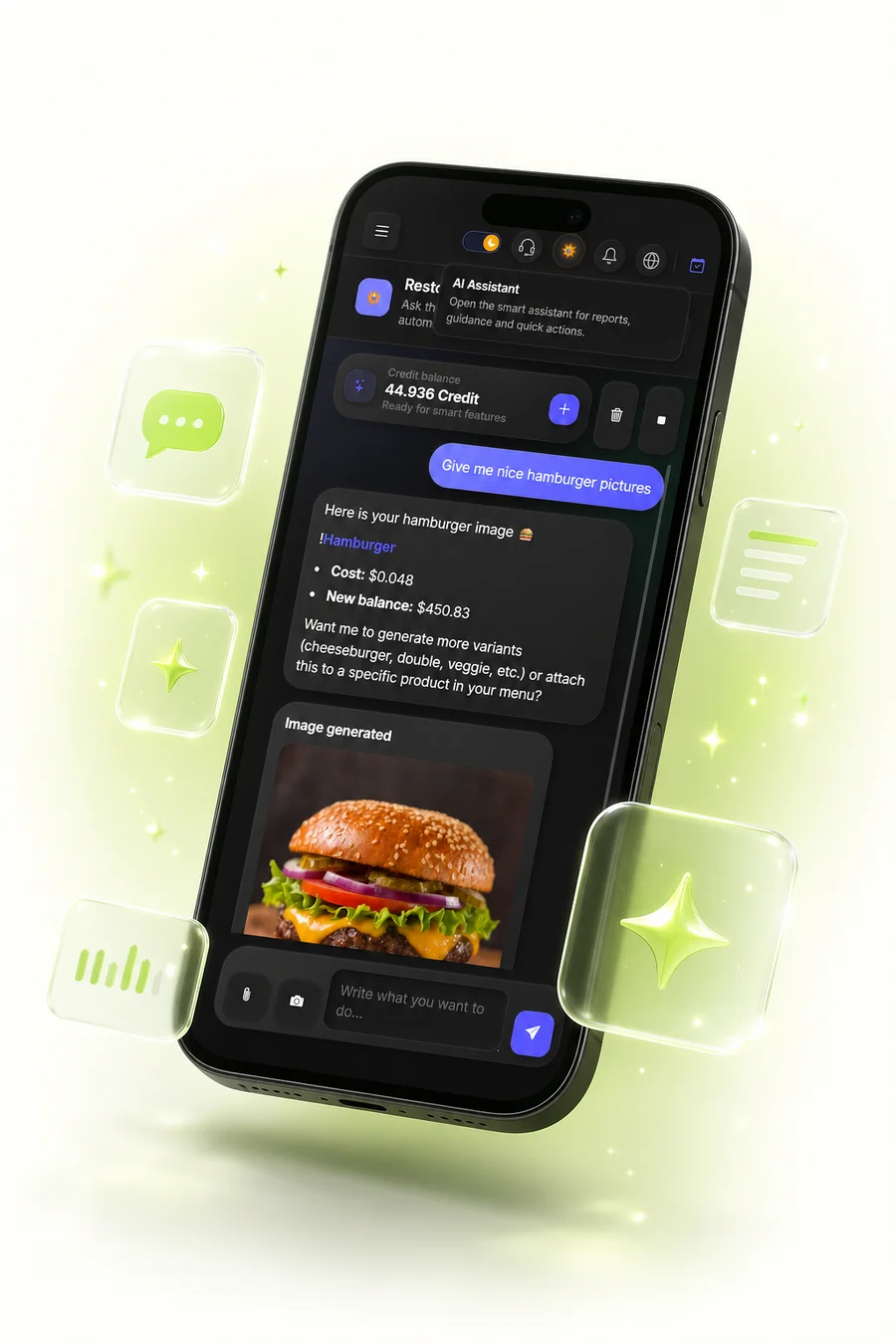 A glowing AI assistant orb helping a restaurant owner working on a tablet