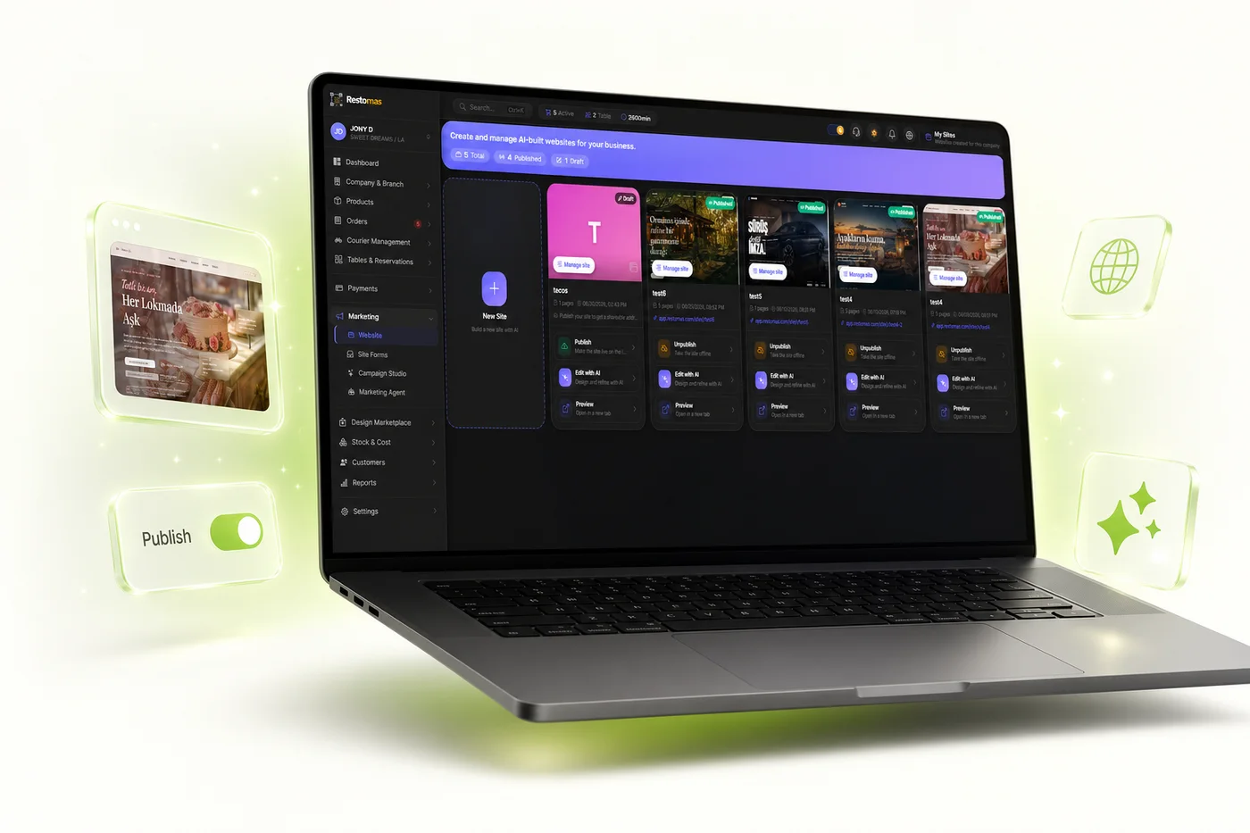 AI assembling a hospitality website on a laptop surrounded by floating template cards