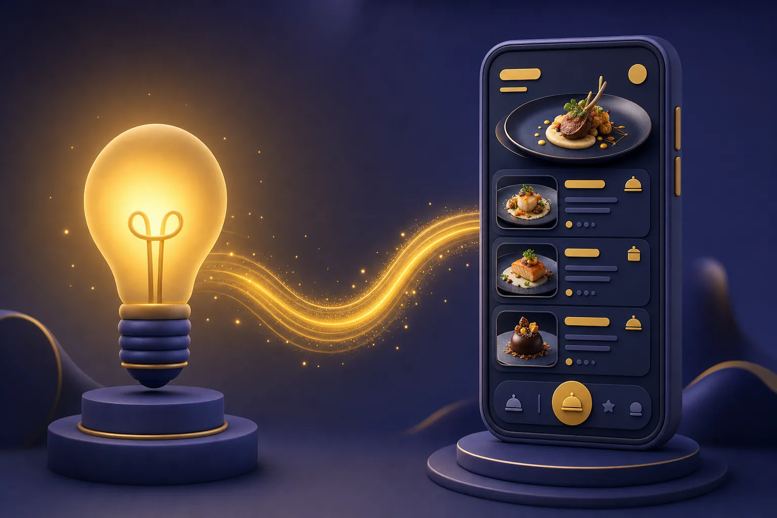 An idea transforming into an elegant digital restaurant menu on a phone.