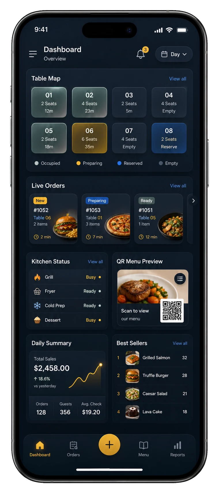 Premium phone showing Restomas restaurant automation dashboard