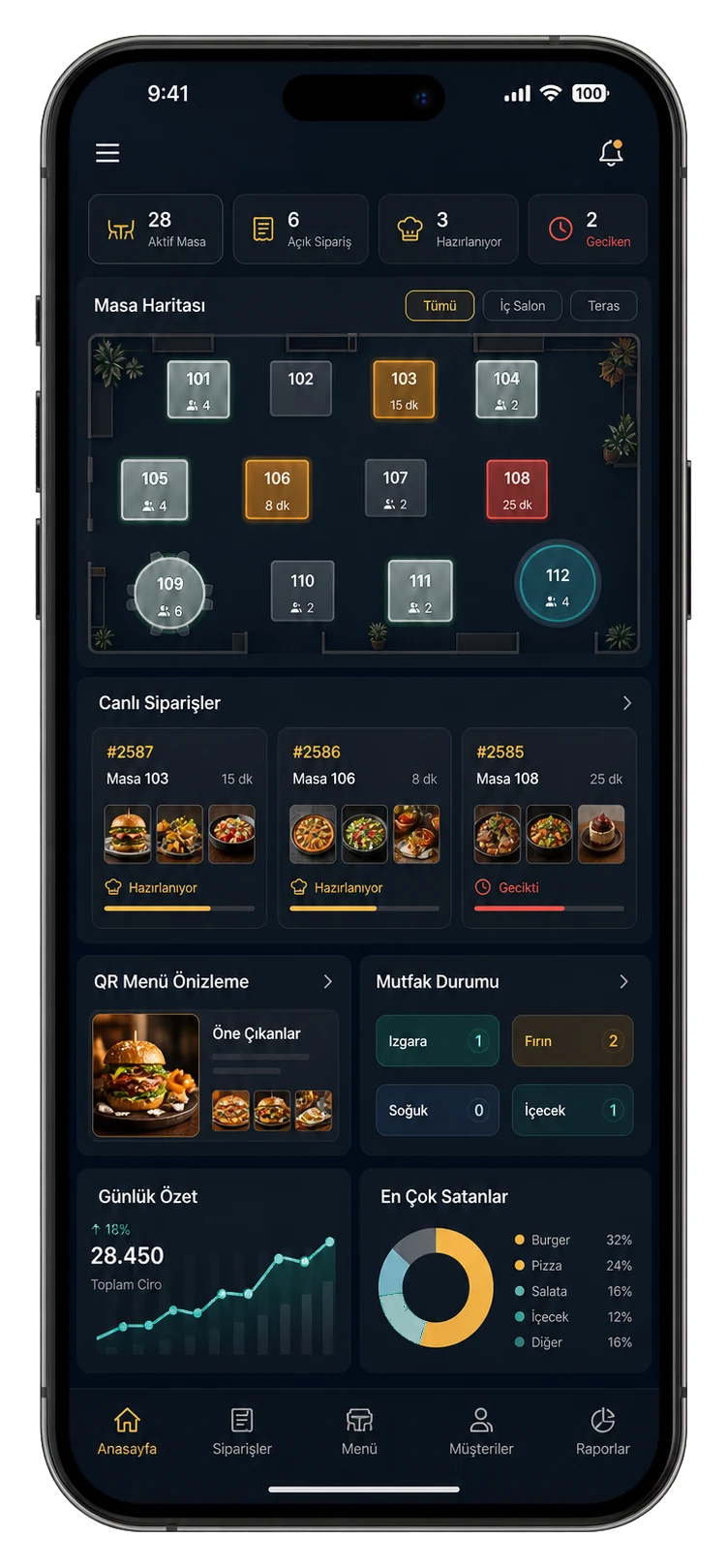 Restomas restoran otomasyon panelini gösteren premium telefon