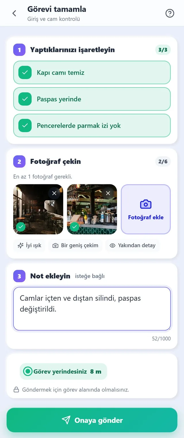 Kontrol listesi, fotoğraflar ve notla görevi tamamla formu