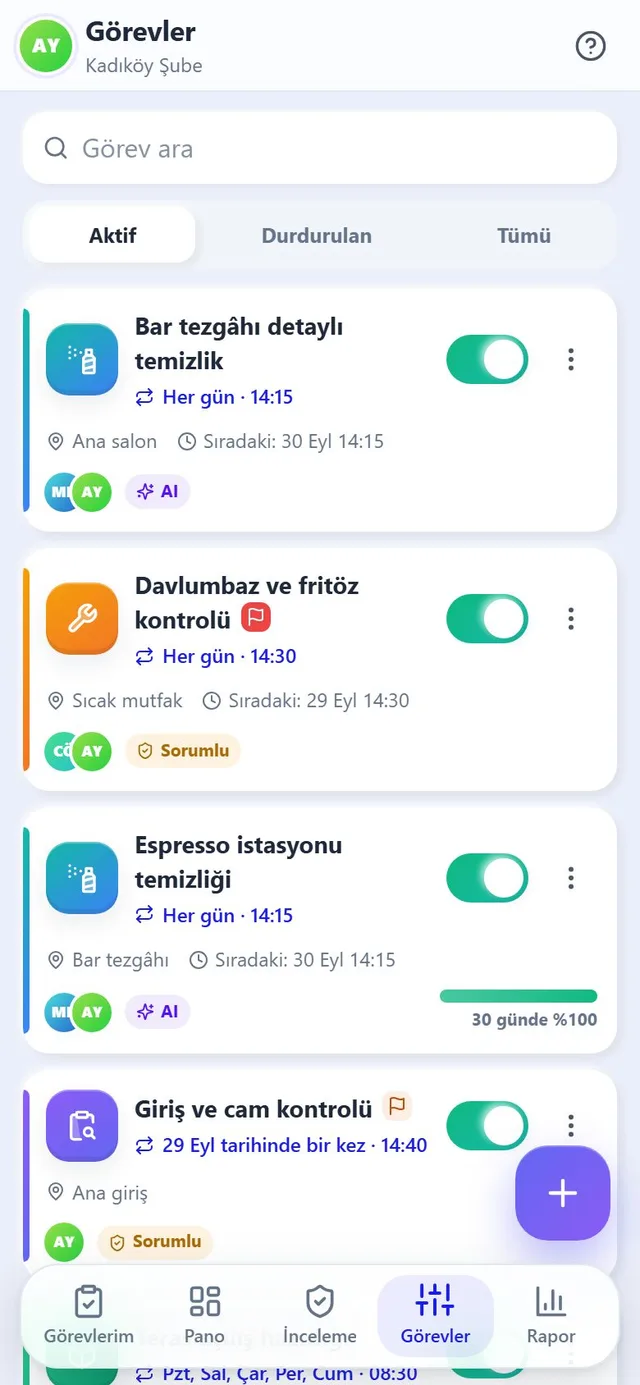 Takvim, sonraki başlangıç ve duraklatma anahtarlarıyla görev listesi